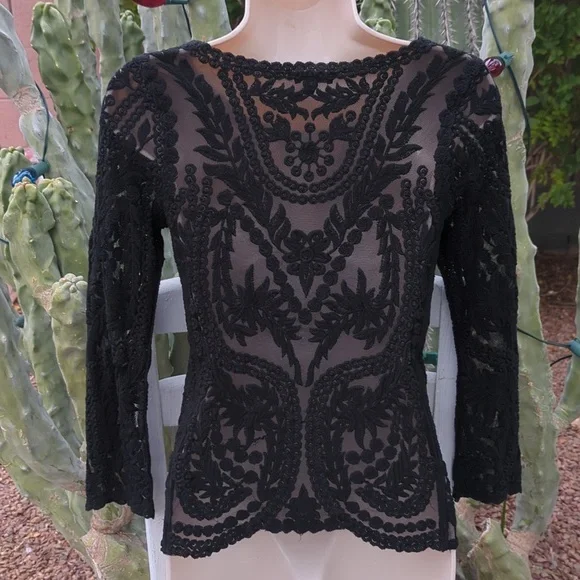 Vintage Y2K Express Black Lace Over Mesh Top - Picture 2 of 5